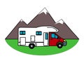 Mobile home on a background of mountains. House on wheels. Cartoon. Vector.